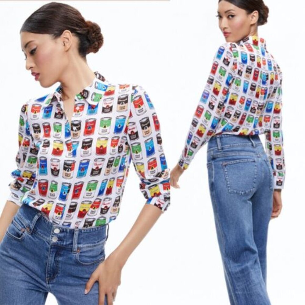 NEW Alice + Olivia Stace Soup Willa Button Long Sleeve Blouse Blue Size: Medium